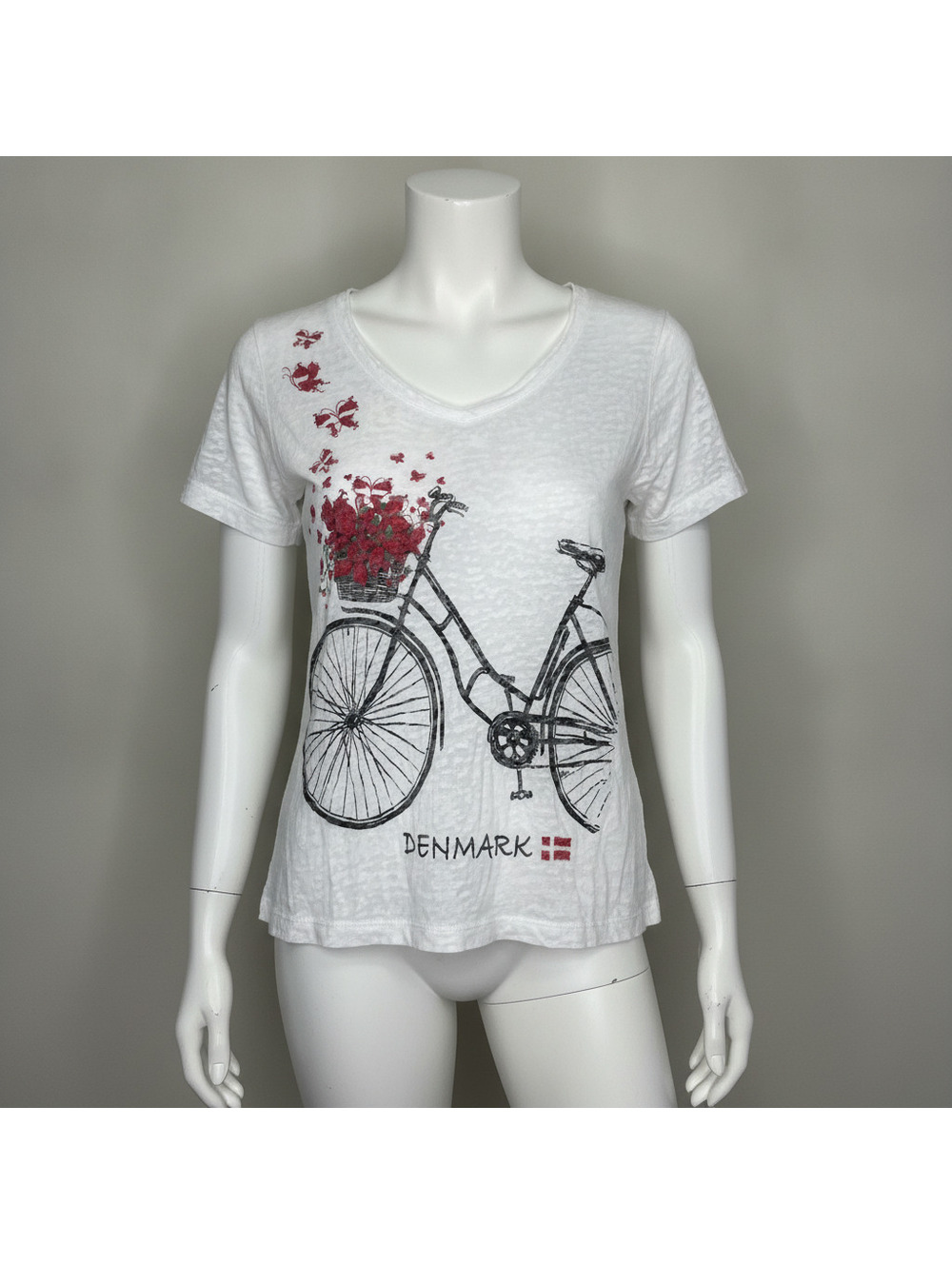 NWT Denmark White V-Neck T-Shirt with Bicycle and Butterfly Print, SizeM